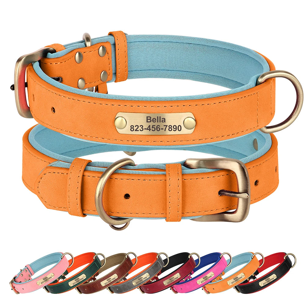 Personalized  PU Leather Dog Collar Free Engraved Dog ID Collars Nameplate Soft Padded For Small Medium Large Dogs Adjustable
