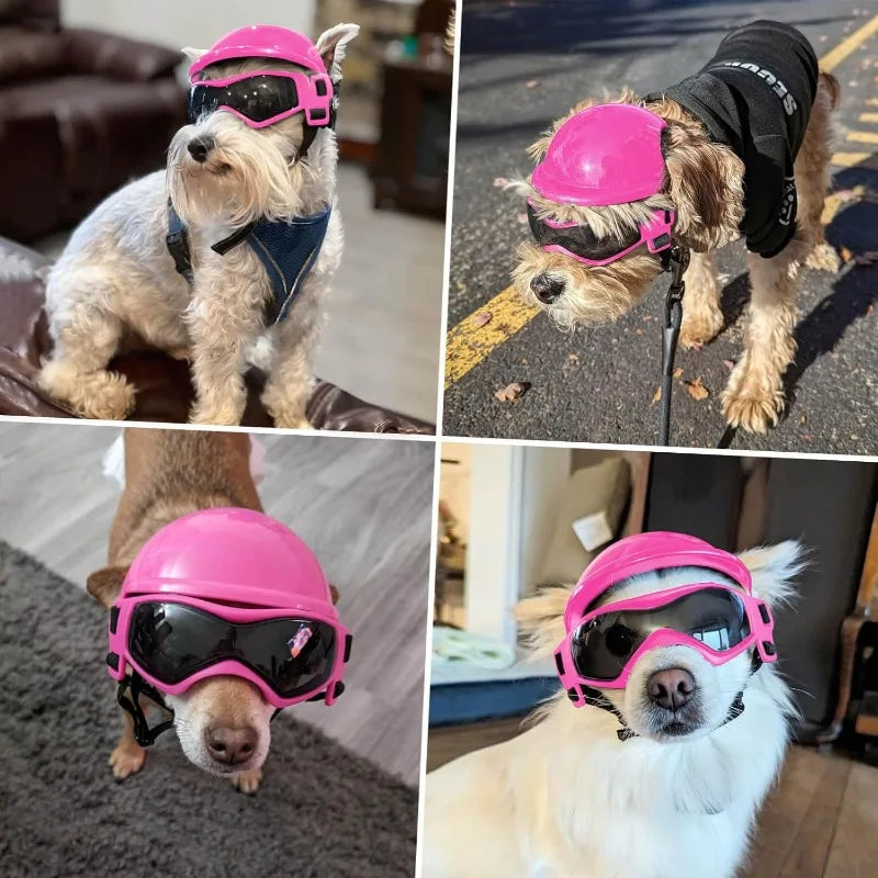 LETVIA S/M Dog Helmet with Dog Goggles Anti-UV Doggy Sunglasses Pet Motorcycle Helmet Hat with Ear Holes Outdoor Driving Walking