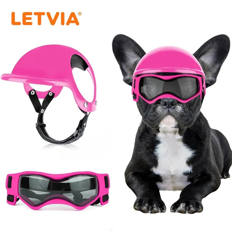 LETVIA S/M Dog Helmet with Dog Goggles Anti-UV Doggy Sunglasses Pet Motorcycle Helmet Hat with Ear Holes Outdoor Driving Walking