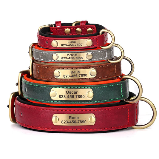 Personalized  PU Leather Dog Collar Free Engraved Dog ID Collars Nameplate Soft Padded For Small Medium Large Dogs Adjustable