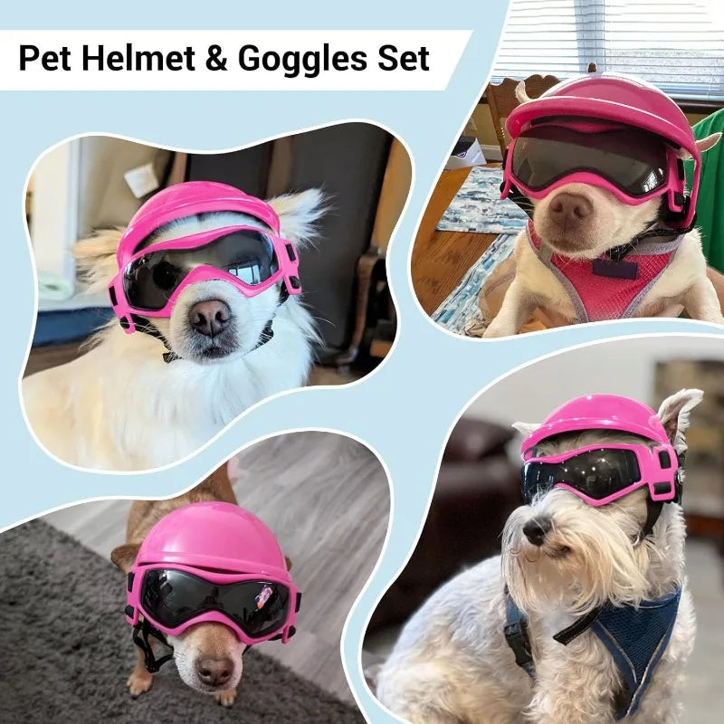 LETVIA S/M Dog Helmet with Dog Goggles Anti-UV Doggy Sunglasses Pet Motorcycle Helmet Hat with Ear Holes Outdoor Driving Walking
