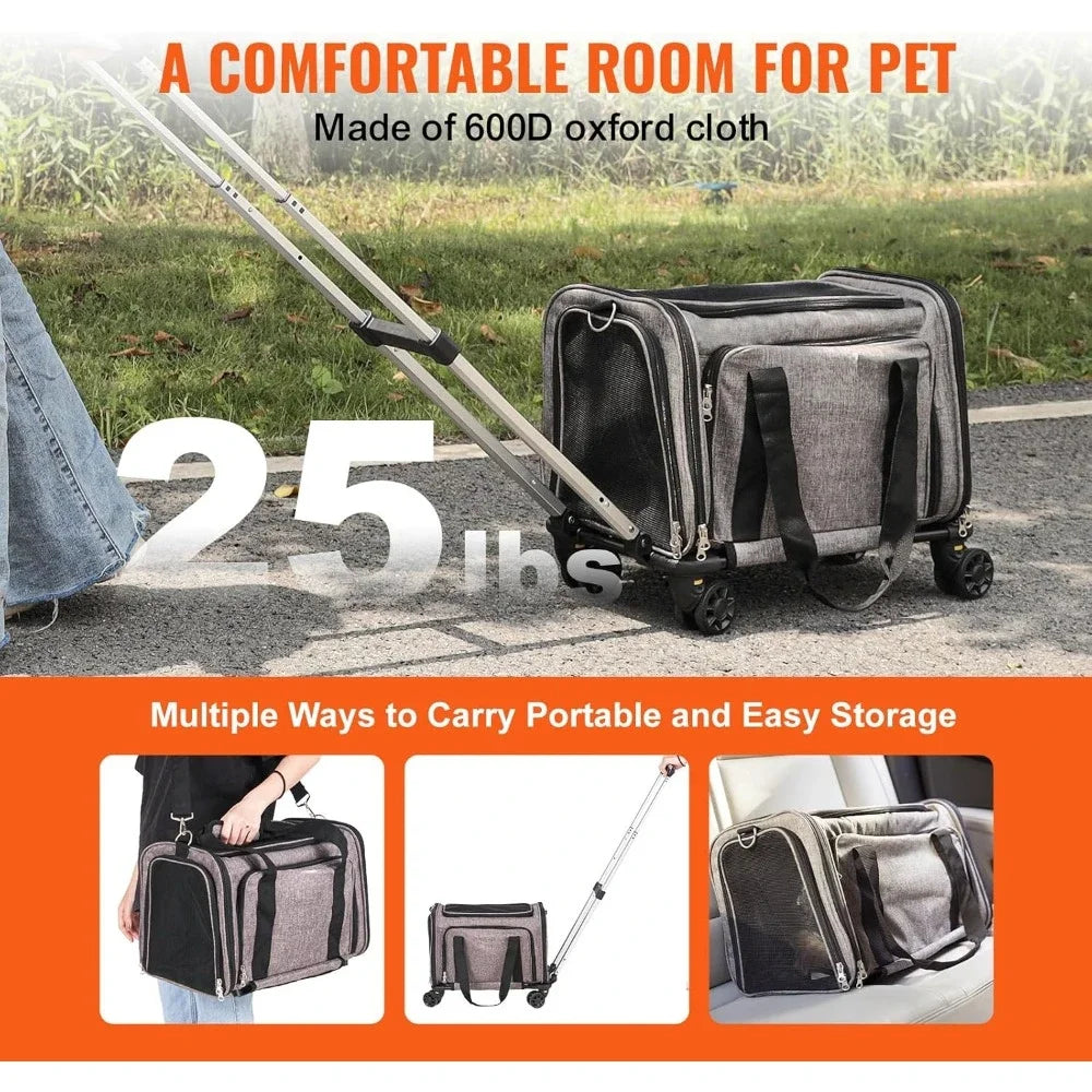 Airline Approved Pet Carrier with Wheels, Expandable Rolling Cat Dog Carrier for Medium Dogs and Cats Under 25LBS, Pet Travel